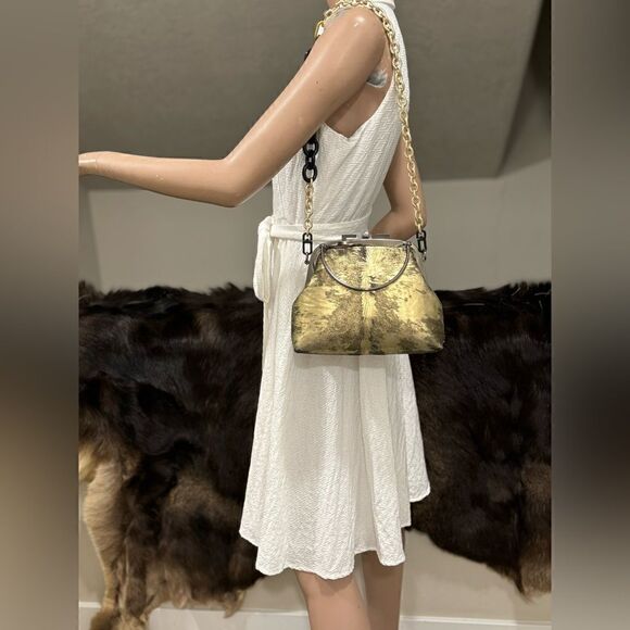 Handmade Gold Metallic Natural Hair-On Calfskin Top Handle Bag/Multi Way Use - Picture 6 of 16